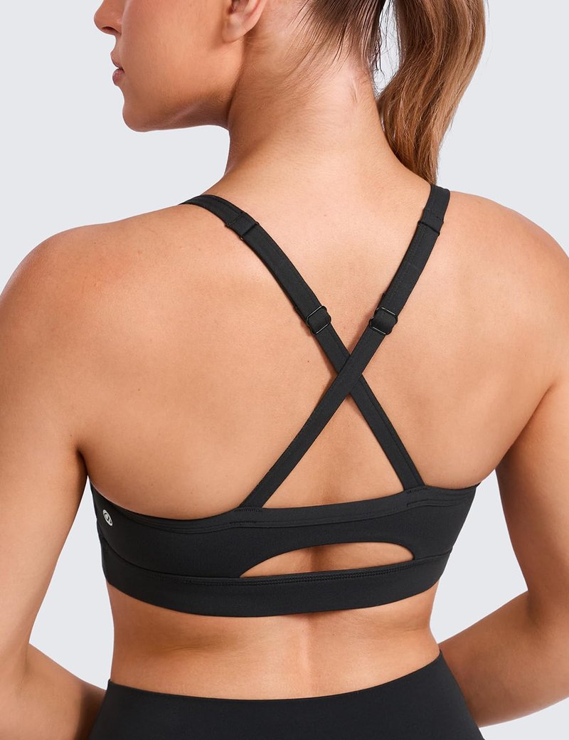 CRZ YOGA Butterlift Cut-Out Cross Back Sports Bras for Women - Medium Impact Adjustable Thin Straps Pilates Padded Gym Tops Black Medium