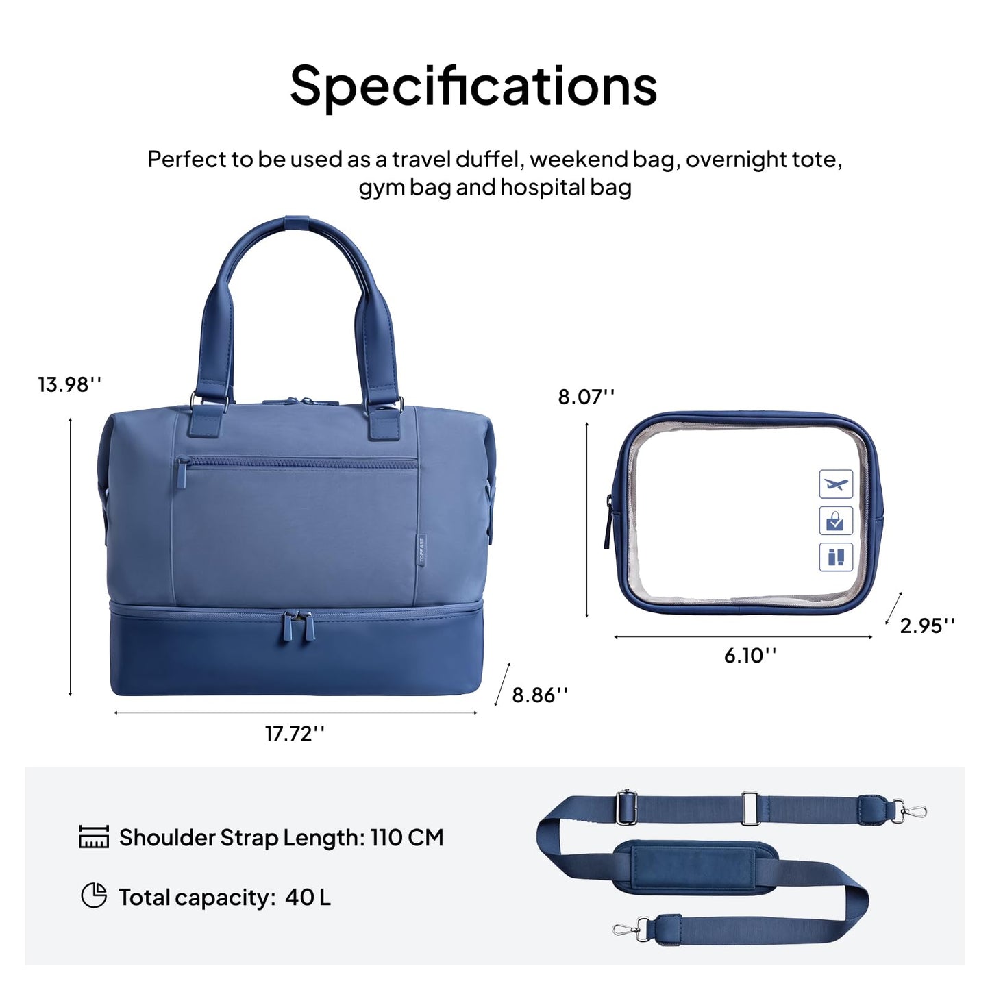 Travel Duffle Bag for Women, 40L Weekender Bags Airline Approved Carry On with Shoe Compartment & Waterproof Wet Pocket, Durable Nylon Weekender Overnight Bag for Travel, Gym, Business Trip, Blue