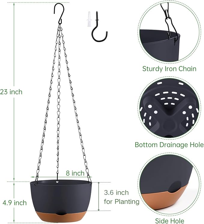 Set of 2 8 Inch Self Watering Hanging Planters for Indoor Outdoor Plants, Color Blocking Hanging Baskets Flower Pots with Drainage Hole & Removable Water-Storage Tray and 20" Chain Hanger