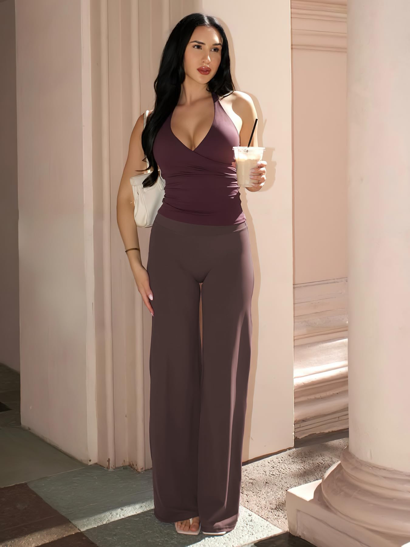 YEOREO Workout Leggings Womens No Front Seam Straight Leggings 35" High Waist Buttery Eddiy Gym Yoga Pants Plum Brown XS