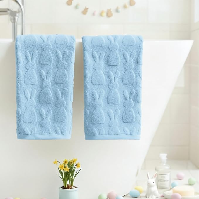Artoid Mode 2 Pcs Light Blue 3D Rabbit Jacquard Easter Hand Towels