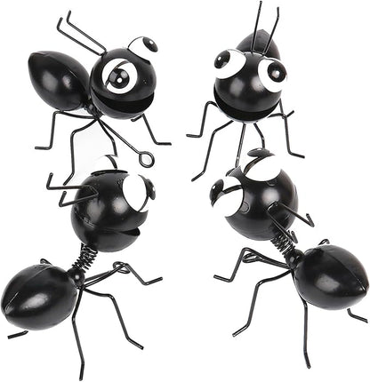 Metal Yard Art Garden Decor Cute Ant Outdoor Fence Decorations Lawn Ornaments - Set of 4 Black