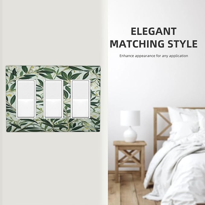 Sage Eucalyptus Leaves Foliage 3 Gang Rocker Triple Outlet Wall Plate Decorative Switchplate Cover Faceplate GFCI Light Switch Covers for Farmhouse Living Decor