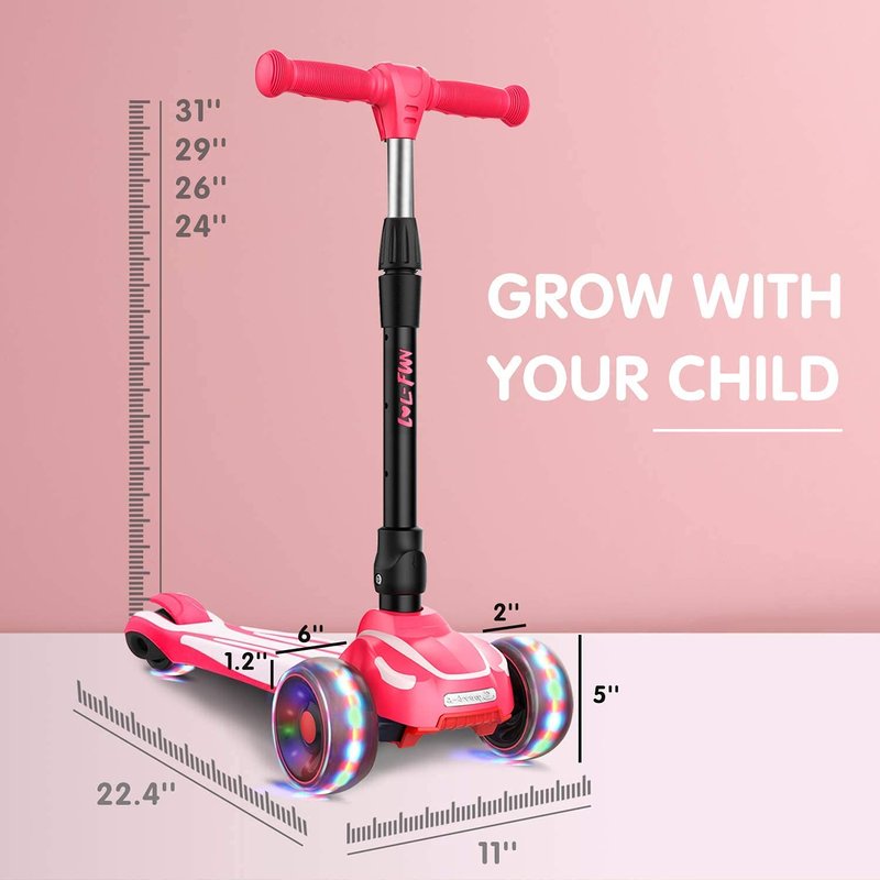 LOL-FUN Scooter for Kids Ages 3-5 Years Old Boy Girl with 3 Wheels, Extra-Wide Childrens Foldable Kick Scooter Kids Ages 6-12 Toddler with 4 Adjustable Height and Lean-to-Steer - Pink