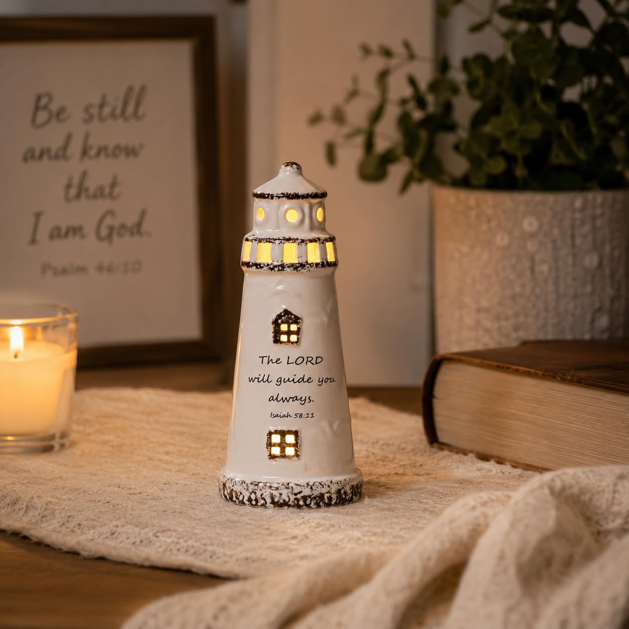 DAILYBREAD Christian Lighthouse Lamp – Small Ceramic Night Light with Bible Verse, Inspirational Faith Gift for Kids, Students,Baptism,Birthday,Journey,Warm Light Up Decor for Bed Room or Desk 5" H
