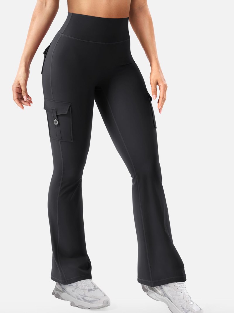 YEOREO CoreFlex Women Workout Flare Leggings with Pockets Scrunch Cargo Gym Yoga Leggings Black L