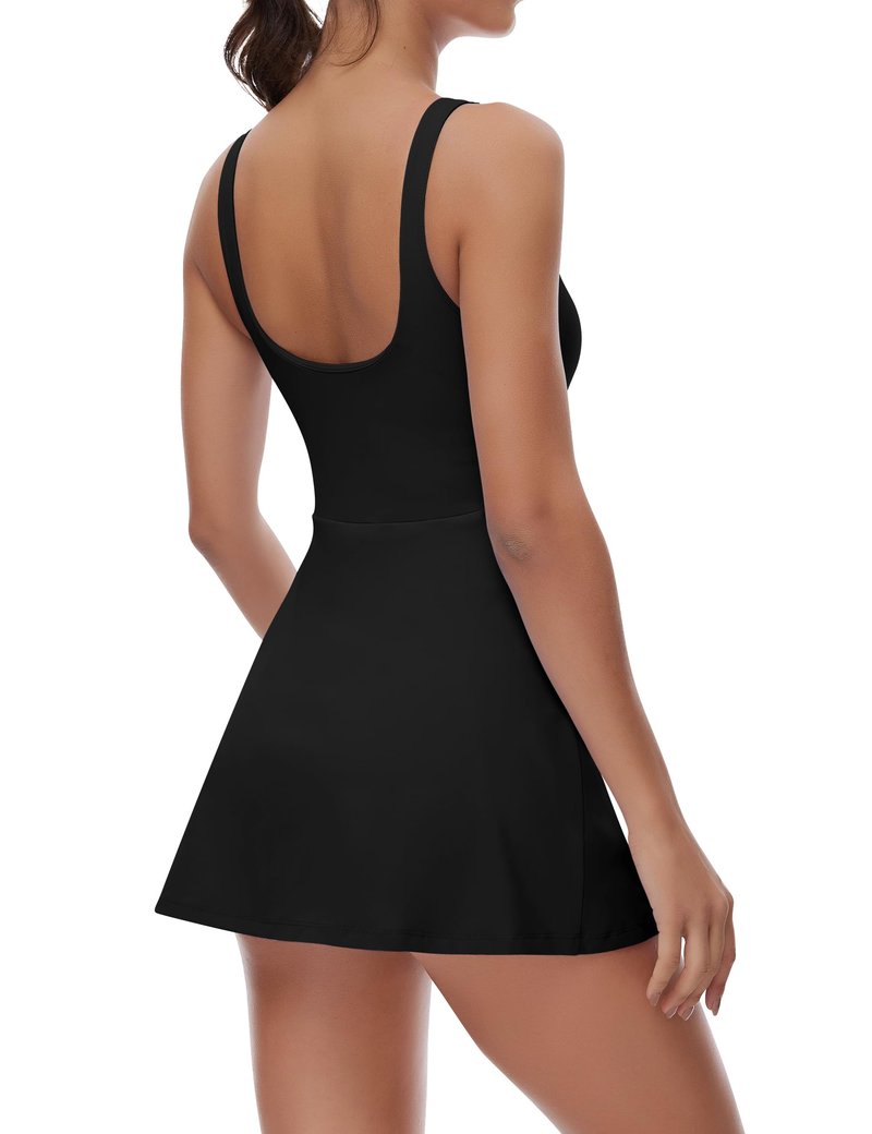 FOMELY Women's Tennis Dress with Built-in Shorts & Bra - Athletic Golf Dress, Side Slit Flare Mini, Black, X-Large