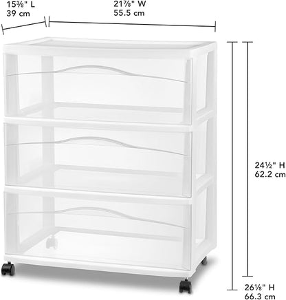Sterilite 3 Pack Wide 3 Drawer Storage Cart, Plastic Organizer with Wheels, White - Multipurpose Bin for Clothes, Accessories, or Home Accessories