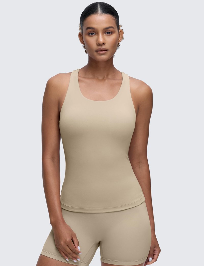CRZ YOGA Butterluxe Workout Racerback Tank Tops for Women - Padded Athletic Spandex Yoga Shirts with Built in Bra Oak X-Large