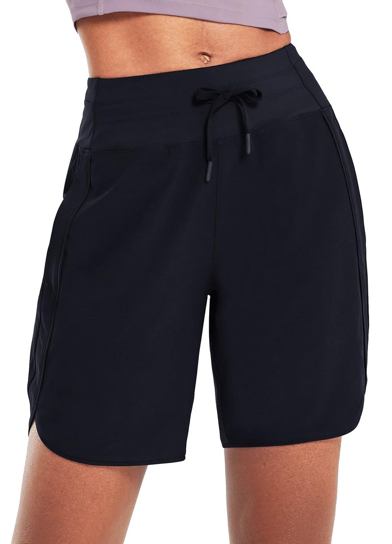 baleaf Women's 7" Long Running Shorts Athletic Workout Gym Quick Dry Hiking Shorts High Waisted Zipper Pocket Black S