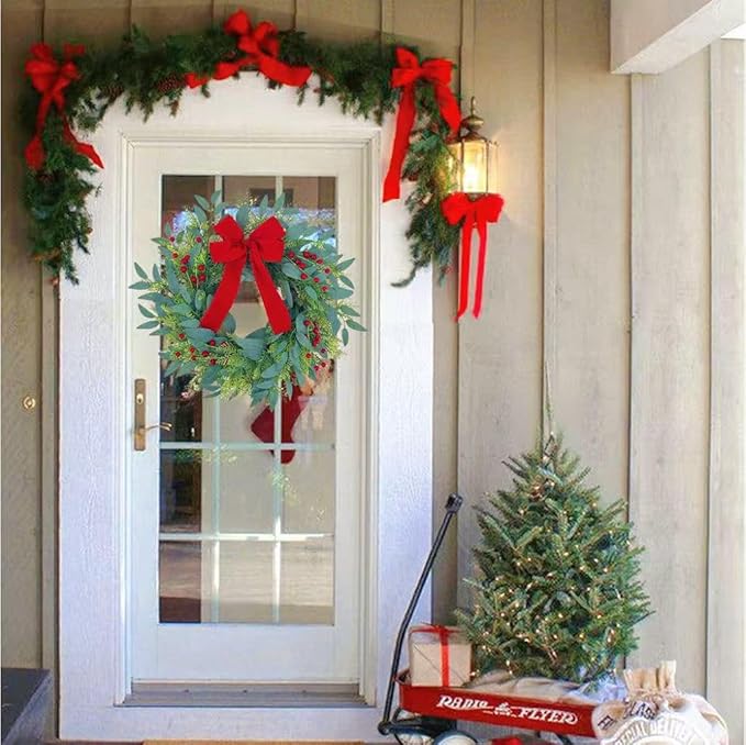 20 Inch Christmas Wreath for Front Door,Artificial Realistic Green Leaves with Red Bow, Used for Window, Wall, Porch, and Other Indoor and Outdoor Home Decorations