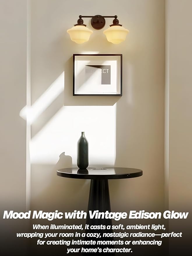 Vintage 2-Lights Wall Sconce Lights Black Bathroom Vanity Light with Milk Glass Double Sconce Wall Mounted Lamp for Bedroom Living Room Bathroom Mirror Kitchen Hallway Hardwire