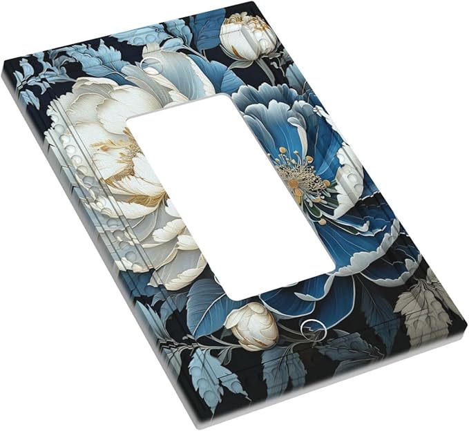 White Blue Flower Peonies Single Decora Outlet Wall Plate 1 Gang Rocker Decorative Switchplate Faceplate GFCI Light Switch Covers for Home Living Decor