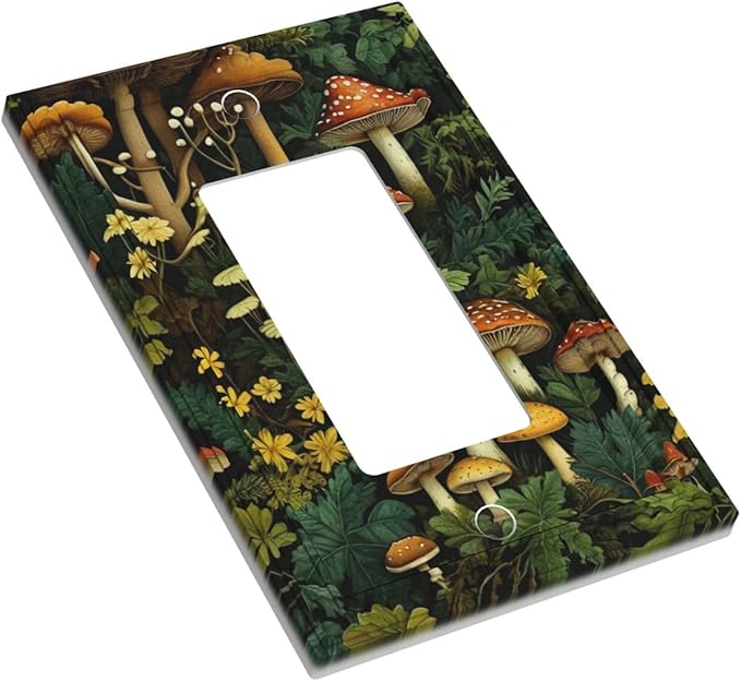 Mushrooms Forest Nature Botanical Art Single Decora Outlet Wall Plate 1 Gang Rocker Decorative Switchplate Faceplate GFCI Light Switch Covers for Farmhouse Living Decor