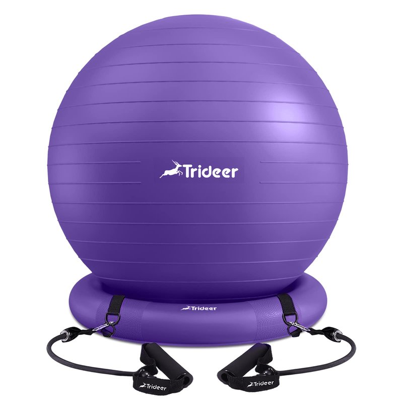 Trideer Yoga Ball Chair With Base & Bands for Home Gym Workout - Exercise Ball for Abs, Stability & Balance Seat to Relieve Back Pain (L(23-26ines/58-65cm), Purple)