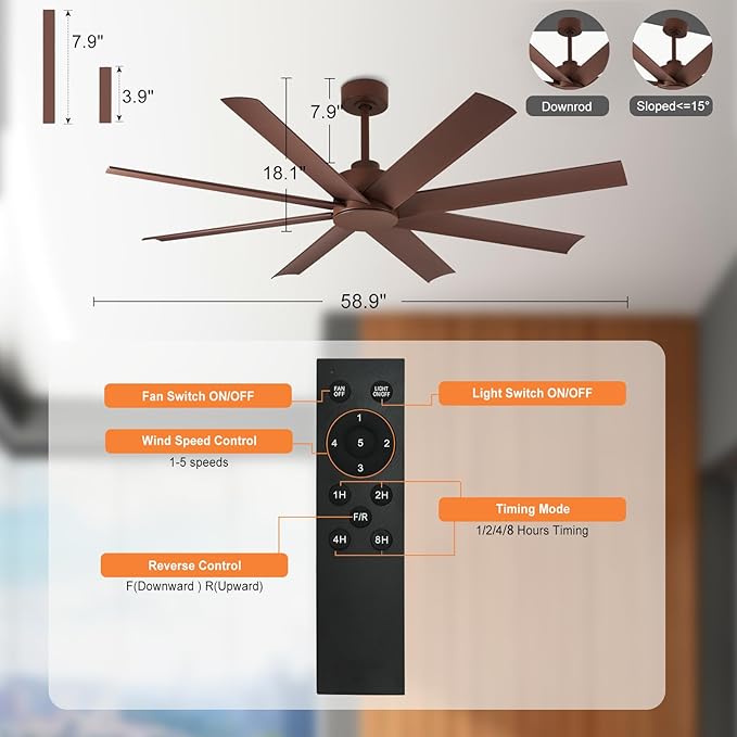Depuley 60" Industrial Ceiling Fans with 5 Speed, DC Motor Ceiling Fans with 8 Blades, Outdoor Ceiling Fan with Remote for Indoor Patio Porch Garage Shop Factory Warehouse (Brown)