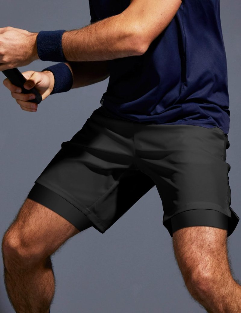 Aolesy Men’s 2 in 1 Running Shorts 7 Inch Quick Dry Workout Gym Shorts with Pockets Tennis Training Athletic Shorts with Liner for Men Black