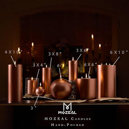 MOZEAL 3" x 4" Hand-Poured Unscented Candle, Dripless Pillar Candle Set of 3, Long Clean Burning, Approx 72 Hours Burn Time, Rustic Country Style, Wedding, Fall Harvest, Home Decor, Metallic Copper