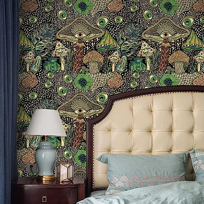 WENMER Peel and Stick Floral Boho Mushroom Wallpaper - Self Adhesive Contact Paper for Bedroom Bathroom 17.7in x 9.8ft