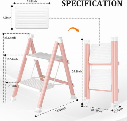 DIAMONDFORGE 2 Step Ladder, Folding Step Stool & Collapsible Stool for Kitchen, 330lbs Capacity with Wide Anti-Slip Pedal & Feet, Sturdy Steel Step Ladder for Home and Office, Pink & White