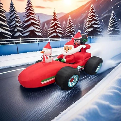 8FT Christmas car Inflatable Old Man, Santa Claus Snowman Penguin Driving Racing car, Built-in LED Lights and Blower, Christmas Inflatable Outdoor Decoration Lawn Patio Christmas Outdoor Decoration.