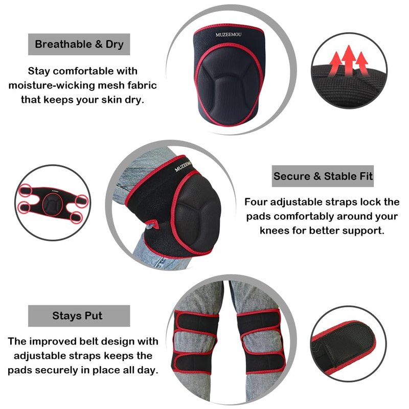 MUZEEMOU Knee Pads for Gardening,Flooring - Thick EVA Foam Cushion, Non-Slip Silicone & Adjustable Straps (S/M/L), Breathable Unisex Garden Kneeling Pad with Extended Comfort