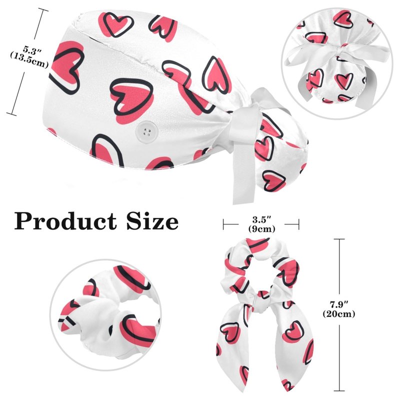 Adjustable Working Cap Pink Hearts Bouffant Hat with Buttons Scrub Hat with Bow Hair Scrunchy for Woman
