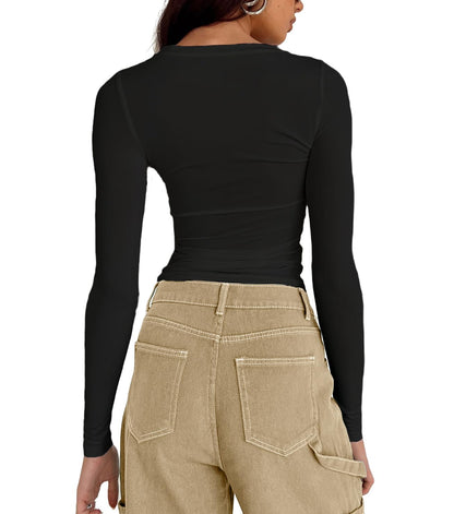 Abardsion Women's Long Sleeve Shirts Spring 2025 Casual Basic Going Out Crop Tops Slim Fit Tight Y2K Clothes(Black, S)