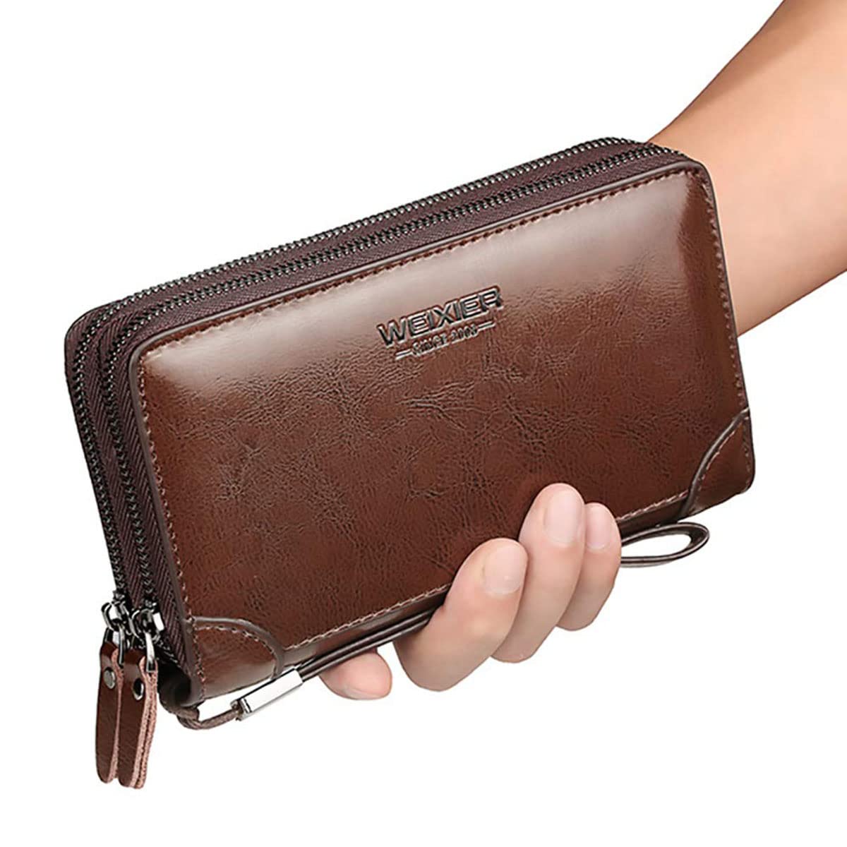 Large Wallet Clutch Long Leather Cellphone Purse Business Hand Cluth Bag Cell Phone Holster Creit Card Holder Card Lots Case Travel Wallet Gift for Men Women Father Husband Boyfriend (Double-Brown)