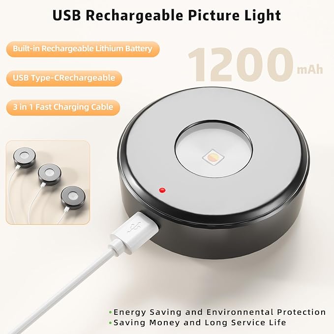 3PCS Picture Lights, Rechargeable Battery Wall Light for Paintings, 3 Colors Paintings Light Dimmable and Timer Metal Art Light for Display, Wall, Artwork, Gallery (Black)