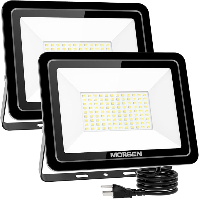 MORSEN 100W Flood Light Outdoor Plug in - 15000LM 5000K LED Flood Light, IP66 Waterproof, UL Listed Daylight Security Lights for Garden, Yard, Garage, Stadium, 2 Pack