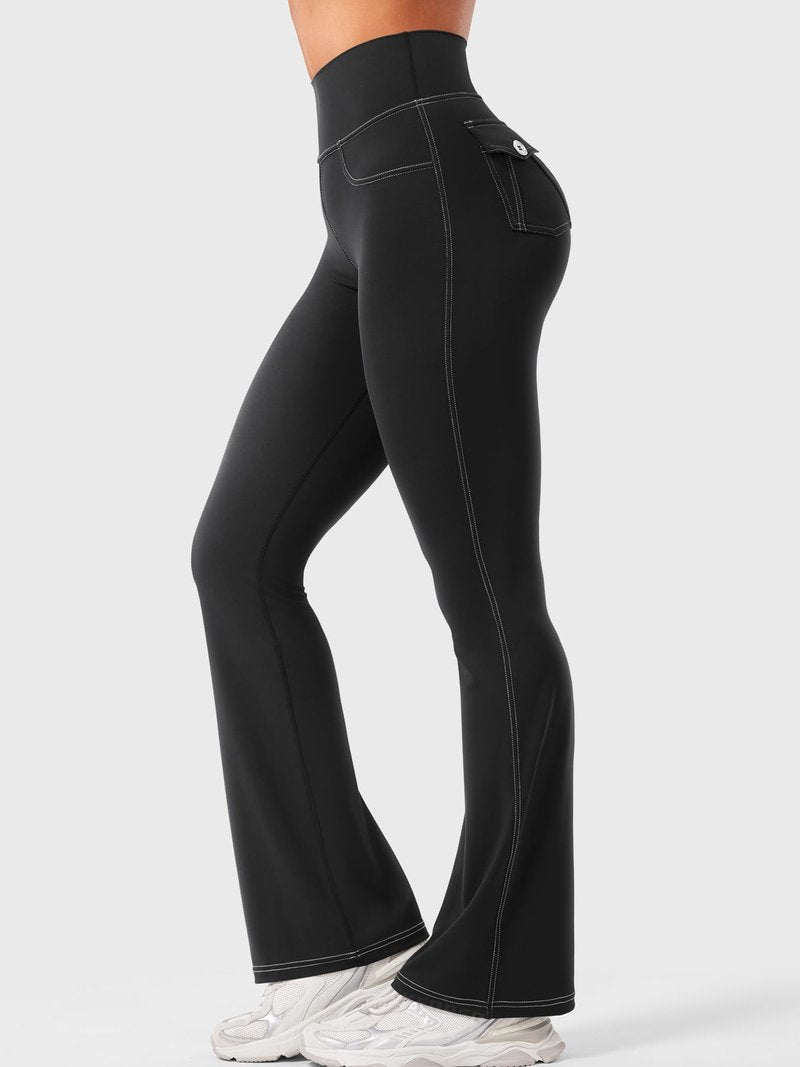 YEOREO CoreFlex Women Workout Mini Flare Leggings with Pockets Hidden Scrunch High Waisted Cargo Gym Casual Denim-Look Yoga Pants Black M