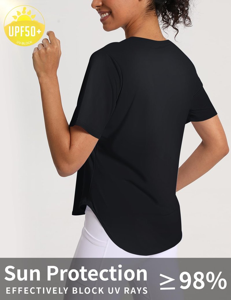 CHALLMOTI Workout Tops for Women Running Shirts Short Sleeve Sun Protection Athletic T-Shirts Quick Dry UPF 50+ Black L