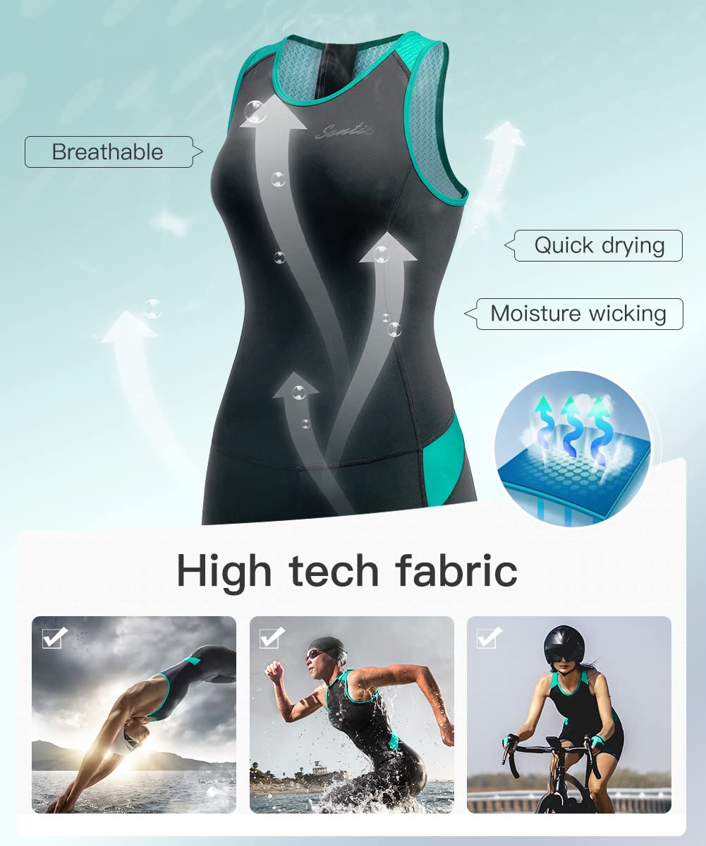 Santic Triathlon Suit for Women tri Suit Back Zipper One-Piece Swimsuits Quick-Dry with Padding(Green,M)