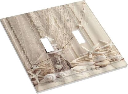 Nautical Coastal 2 Gang Light Switch Plate Cover Seashell Fishing Net Ocean Lighthouse Starfish Double Toggle Wall Plate Decorative Switchplate Electrical Faceplate Beach Theme Decor