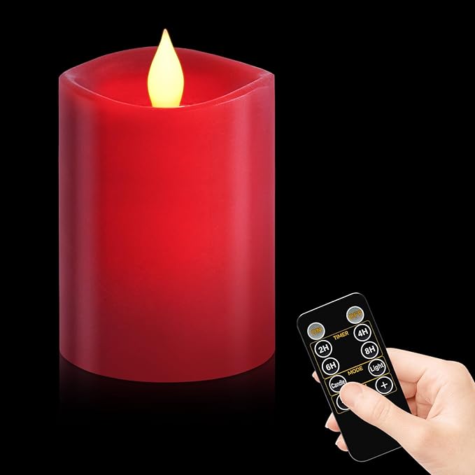 3x4 inch Red Flameless Candles: Realistic Flameless LED, Battery-Powered Pillar Candles with Remote & Timer, Fake Candles for Fall Decor, (Red, 3"*4"-1pcs)