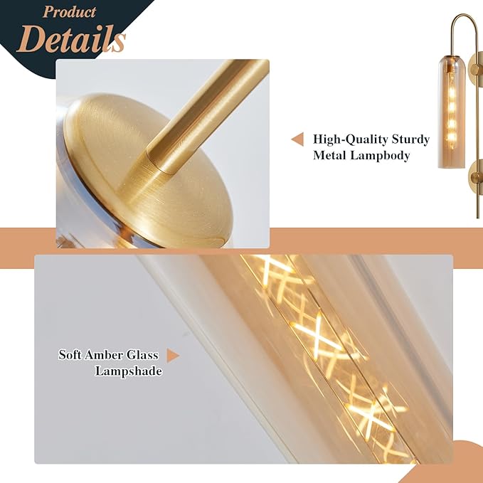 BOKT 1 Light Modern Amber Glass Wall Sconce 31" Mid Century Brushed Brass Tube Wall Sconces Lighting Gold Wall Mounted Light Fixture Indoor Bathroom Vanity Wall Lamp for Bedroom Living Room (Amber)