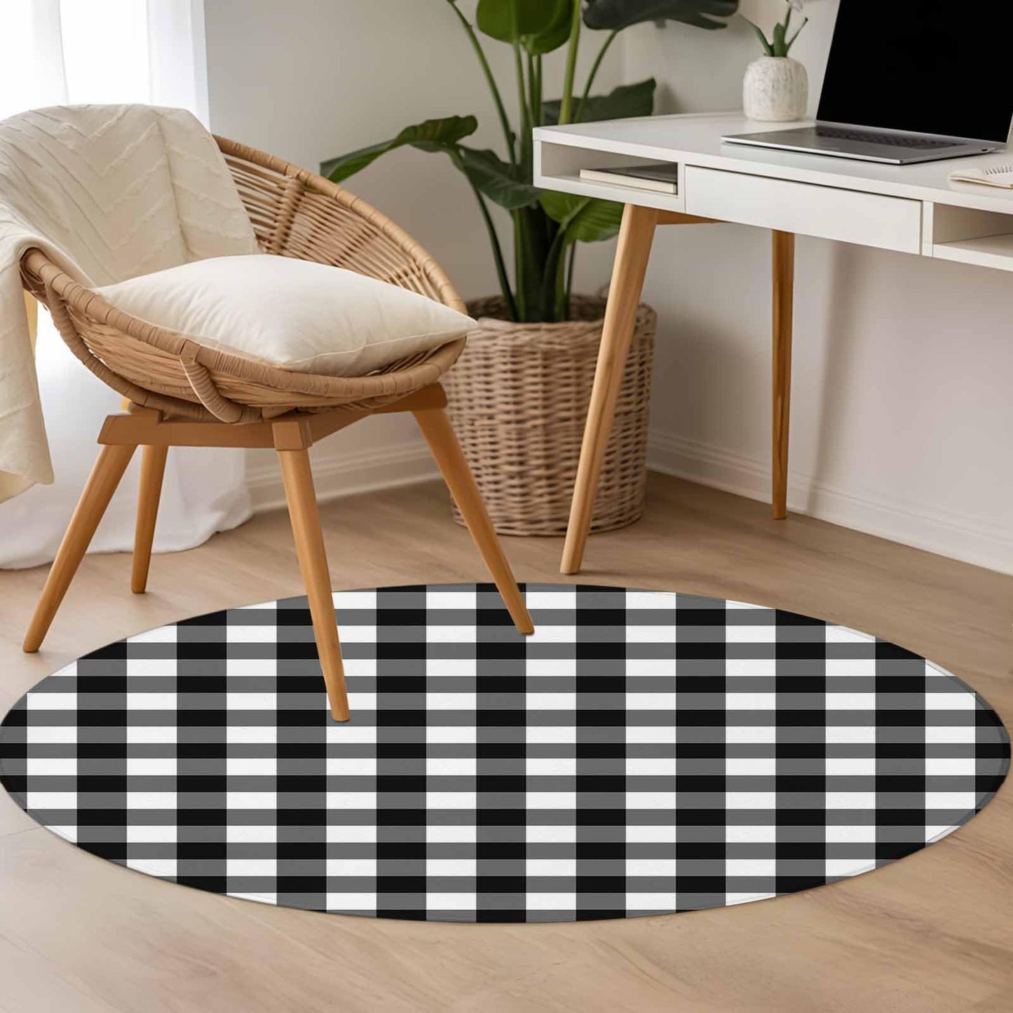 Black White Plaid Round Area Rug 4 FT, Non Slip Indoor Outdoor Rug, Modern Simple Buffalo Check Gingham Washable Soft Circular Carpet Non-Shedding Floor Mat for Coffee Table Nursery Foyer Balcony