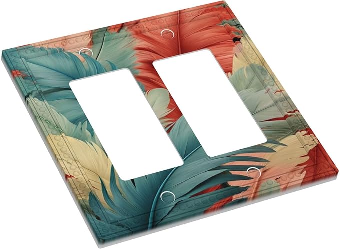 Colorful Feathers Blue Red Dual Outlet Covers Wall Plate 2 Gang Rocker Decora Decorative Switchplate Electrical Faceplate GFCI Light Switch Covers for Farmhouse Living Decor