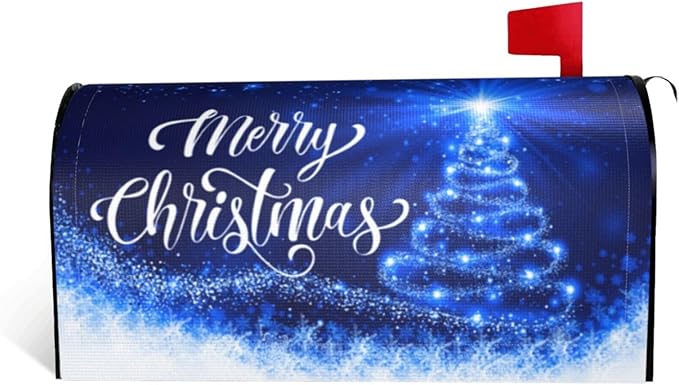 Mailbox Covers Merry Christmas Blue Snow Tree Magnetic Letter Post Box Cover Standard Size 25.5 x 21 Inch Garden Yard Home Decorative