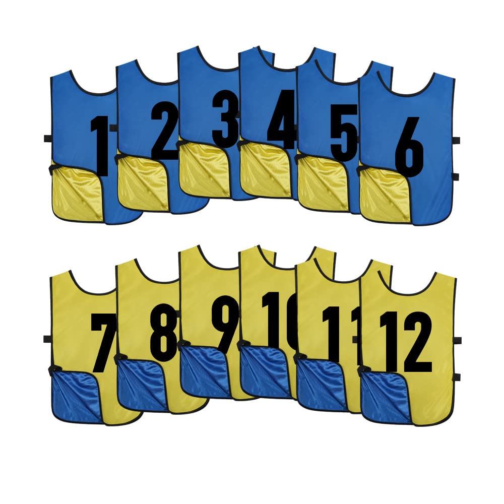 Saaifuu 12 Pack Reversible Numbered Pinnies, Double Sided Scrimmage Vest,Team Practice Jerseys for Kids and Adult(Dark Blue/Yellow, S)