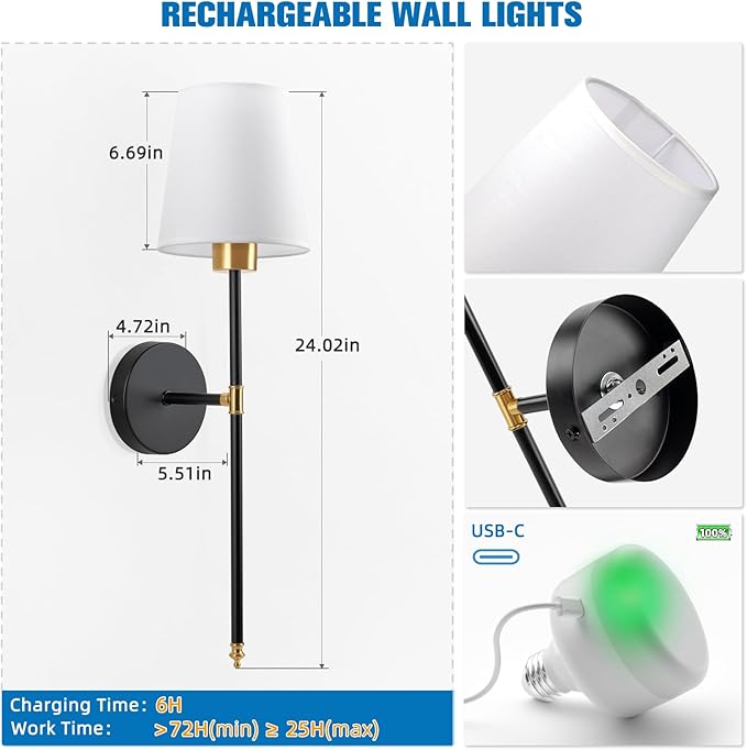NIORSUN Battery Operated Wall Sconce Set of 2,Gold-Black Rechargeable Wall Lights with 5200mAh Dimmable Bulbs and Remote,9 Colors Wireless Wall Lamps for Bedroom Living Room Hallway Decor