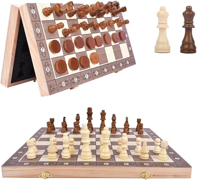 15 Inch Wooden Magnetic Chess Set with Folding Board &amp Storage – Includes Checkers Fun Strategy Game for Kids and Adults Great for Family Game Night