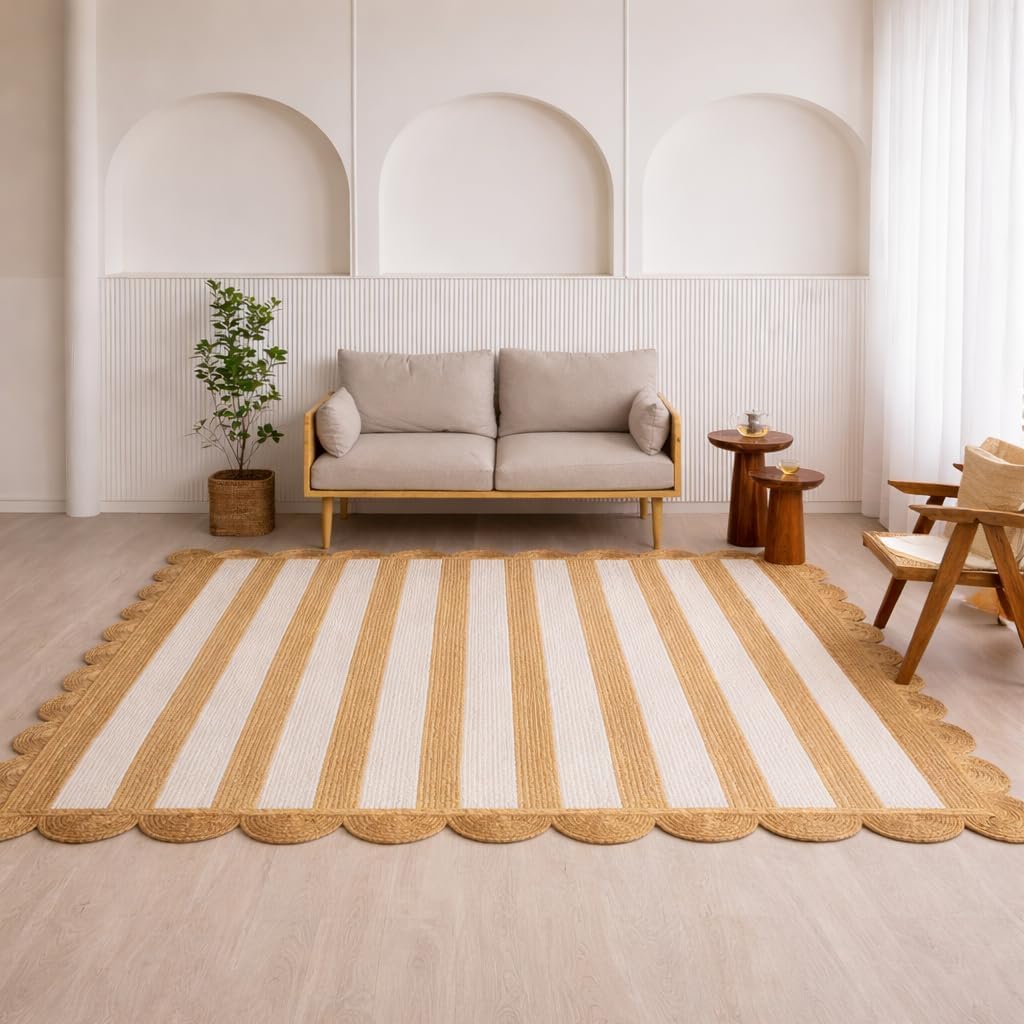 HOMEMONDE Scalloped Jute Rug 8x10 ft - Boho Rustic Vintage Farmhouse Style Eco-Friendly Jute Fiber Area Rug Hand Braided for Living Room, Bedroom, Dining Room