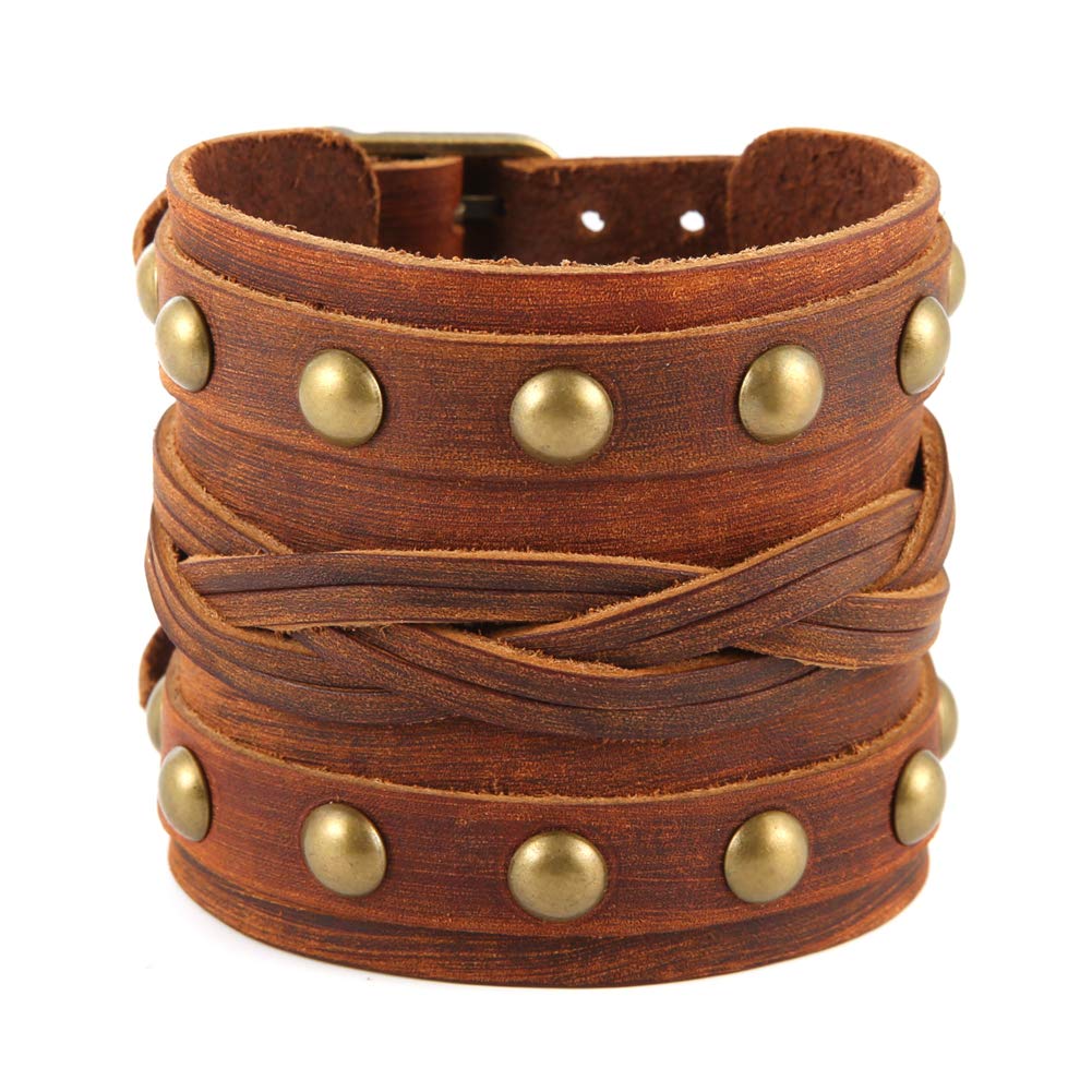 STWTR Men's Wide Cuff Wristband Punk Rock Motorbike Wide Belt Leather Bracelet (Brown-C)