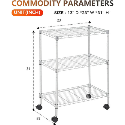BestOffice | 3-Tier Wire Storage Shelves with Wheels | 23x13x31 | Chrome | Adjustable Racks | Heavy-Duty Metal Shelf, Holds Upto 170 lbs | No-Tool Assembly | Ideal for Home & Garage Shelving