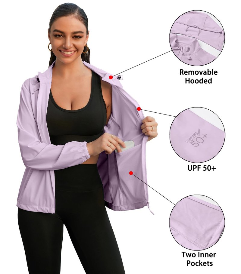 Cromoncent Women's UPF 50+ Sun Protection Jacket Hooded Cooling Shirt Athletic Jacket for Women with Pocket Hiking Running Outdoor, Purple, Medium