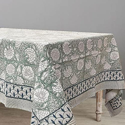 ATOSII Jade 100% Cotton Rectangle Boho Fall Tablecloth, Handblock Floral Table Cloth Linen for Kitchen Dining I Parties Wedding Outdoors Thanksgiving Easter Picnics I 72 X 120 Inches I 10 Seater