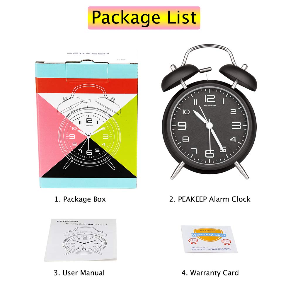 Peakeep 4 Inches Twin Bell Loud Alarm Clock for Heavy Sleepers, Backlight, Battery Operated Old Fashioned Alarm Clock for Bedrooms (3D-Dial, Black)