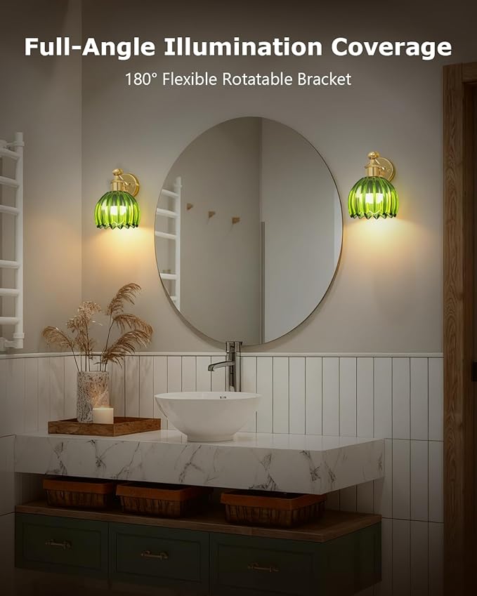 Vintage Battery Operated Wall Sconces Set of Two, with Green Tulip Glass Lampshade, Wireless Rechargeable Battery Powered Wall Light for Bedroom Living Room Bathroom Hallway Home Decor